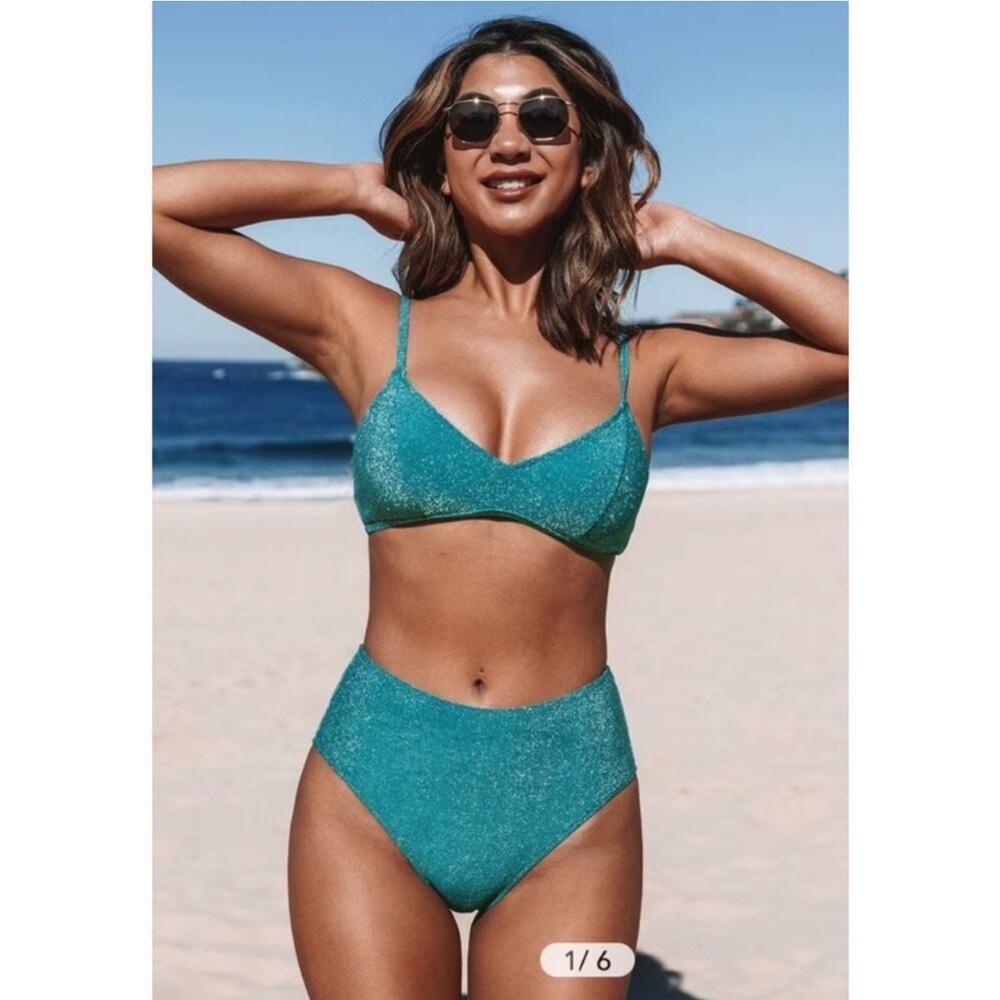 Cupshe M Estelle Shimmery Teal Glitter Sparkle Women's Bikini Two Piece Swimsuit